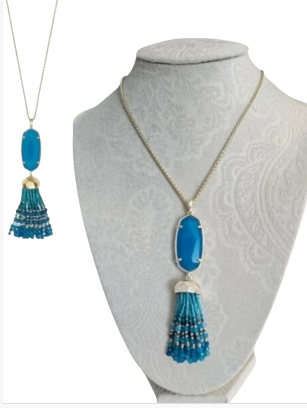 Kendra Scott Eva Tassel Pendant Necklace Aqua Blue Agate Gold Long Adjustable